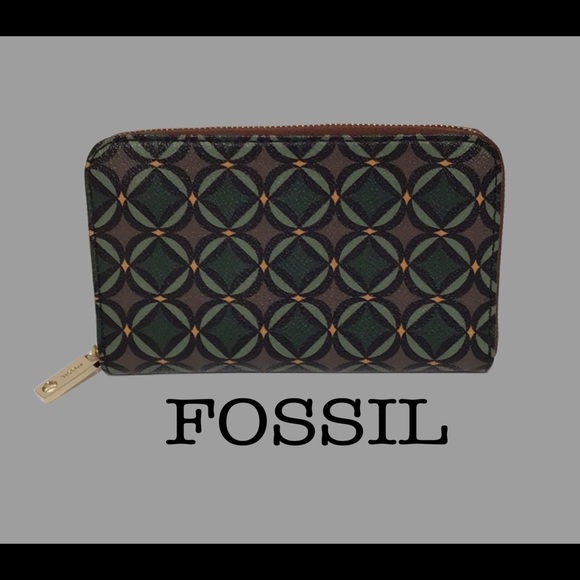 New‎ Fossil Wallet with Leather Interior, Textured, Boho, Green & Brown - Picture 1 of 10